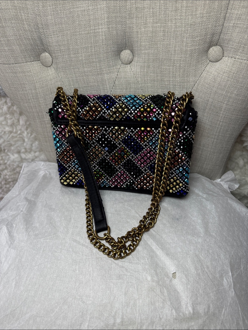 Kurt Geiger Studded Multicolor Quilted Shoulder Bag with Gold Chain - Picture 2 of 7